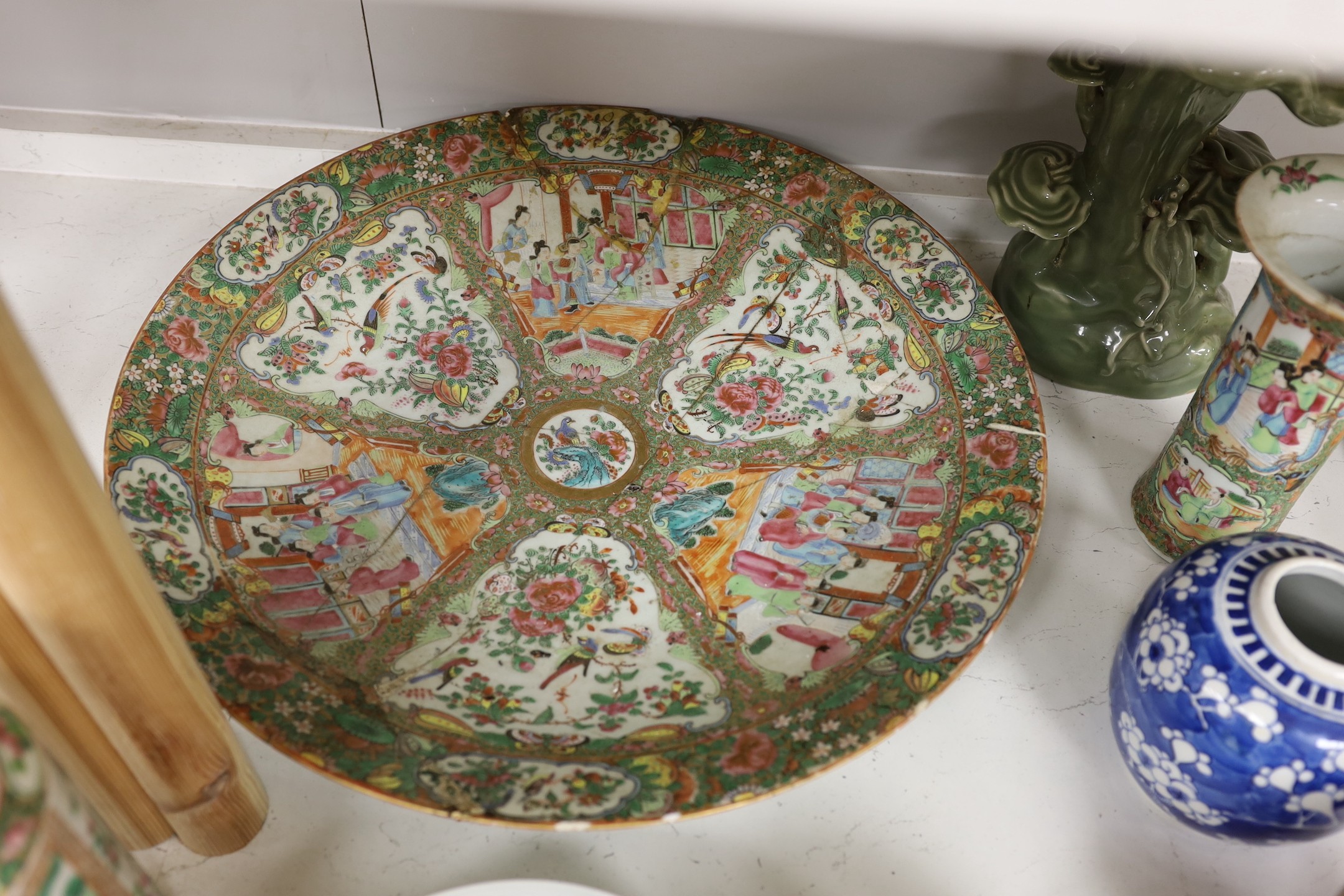 A Chinese famille charger, three vases and a plate, together with other Chinese and Japanese ceramics (13 items), Charger 48 cms diameter